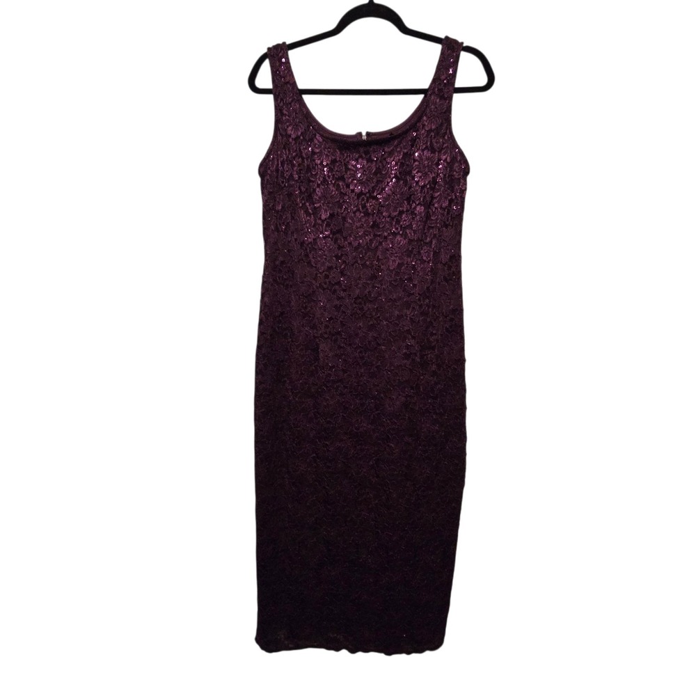 Vtg RM Richards Sequin Lace Dress Womens 14P Purple Mother Bride Elegant Evening